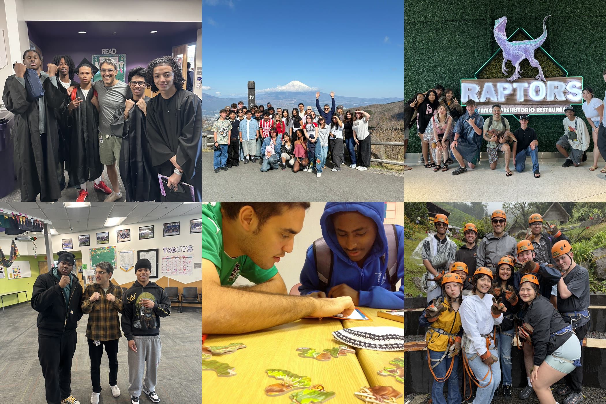 Ari with students: at a graduation, on an international class trip near Mount Fuji, at a school event, in the classroom, and on an outdoor adventure trip